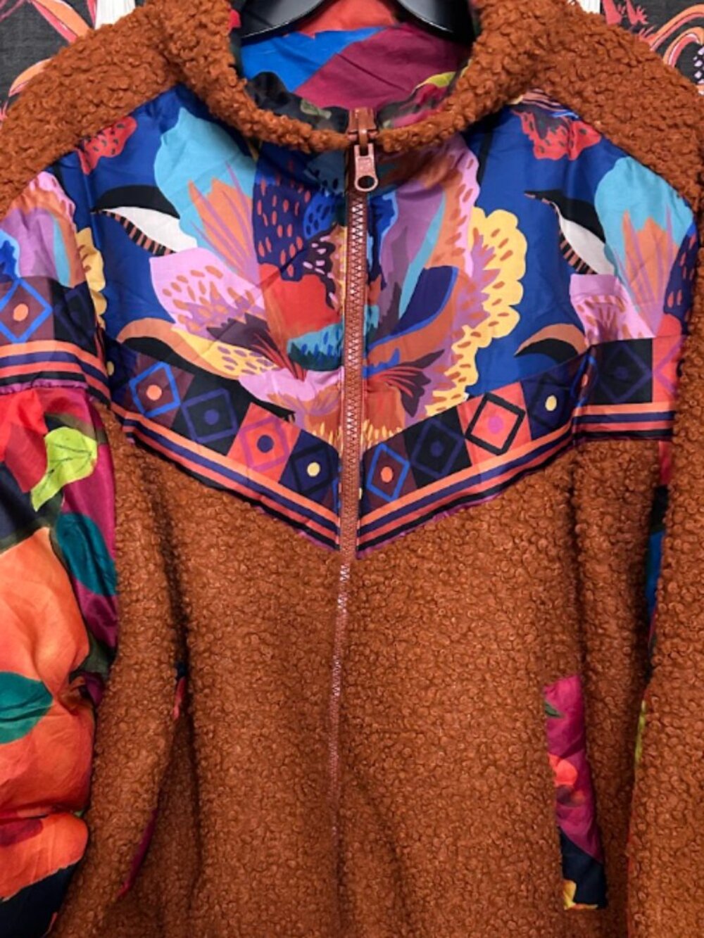 FARM RIO LUCY FLORAL PEPPER REVERSIBLE TEDDY SHERPA PUFFER JACKET XL EUC BRAZIL